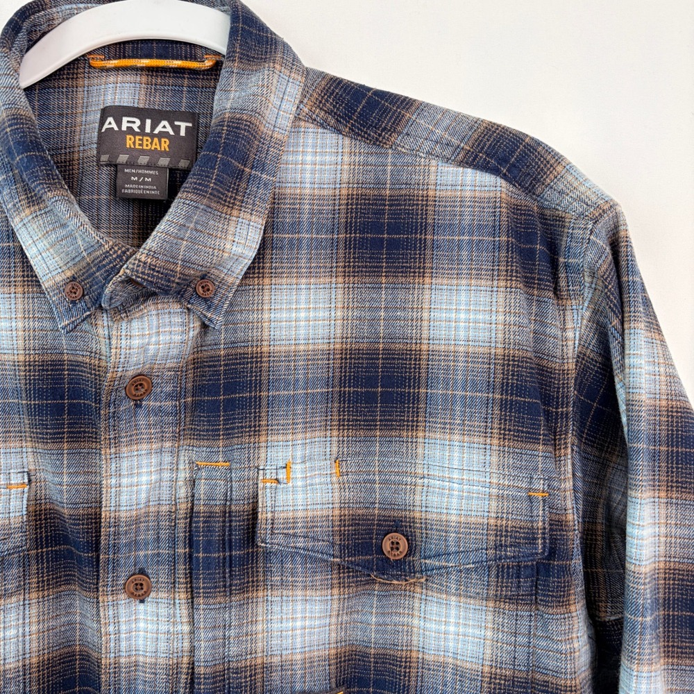 Ariat Rebar Button Down Shirt Medium Blue Brown Plaid Flannel Workwear